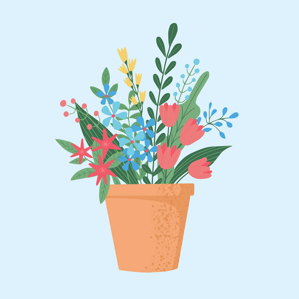 Isolated beautiful flower bouquets in wrapping and blooming plant in clay or plastic flowerpots. Tulip and bud composition. Decorative florist shop item - Vector, Image