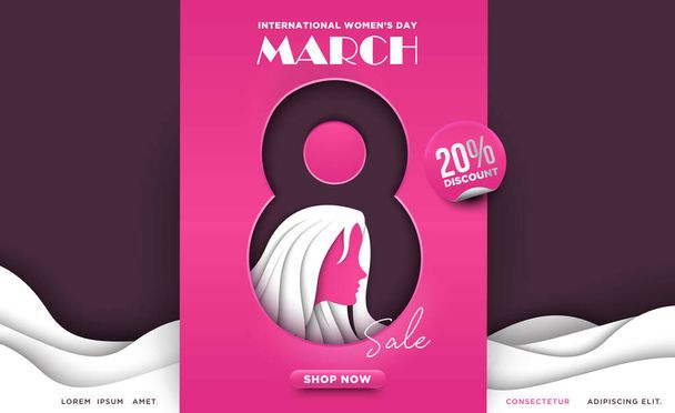 8 Mars international Journée de la femme promo vente bannière modèle vecteur, belle illustration de fond de cheveux ondulés féminins
 - Vecteur, image