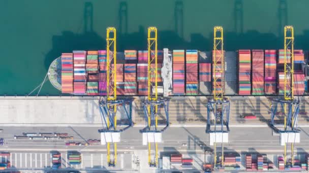 Crane 'in ithalat ticaret lojistiğinde yükleme konteynırları ile uluslararası limanın hiperlapse zaman ayarlı hava görüntüsü. Sanayi lojistik limanı. Endüstriyel limanda konteyner gemisi. Kamera B kaydı. - Video, Çekim