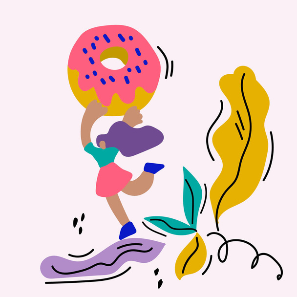 A hand-drawn concept illustration of a woman holding a giant doughnut with icing. In a circle of leaves and trees. Poster bakery illustration with food - Vektor, obrázek