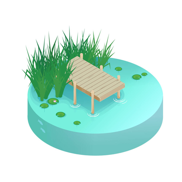 Isometric vector vacation on the lake. Pier on the lake, river, pond. - Vector, Image