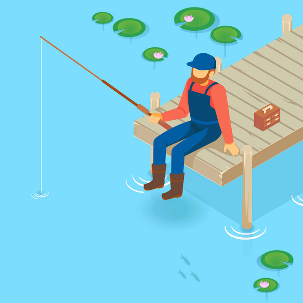 Isometrica vacanza vettore sul lago. Molo sul lago, fiume, stagno. Pescatore che pesca sul molo. Un uomo con una canna da pesca seduto sul molo
. - Vettoriali, immagini