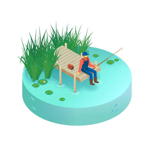 Izometrická vektorová dovolená u jezera. Molo na jezeře, řeka, rybník. Rybář rybaří na molu. Muž s rybářskou prutem sedící na molu. - Vektor, obrázek