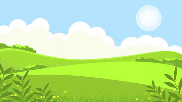 Landscape sunny meadow, green hills, agricultural pastures. Good ecology. Rustic expanses. - Vector, Image