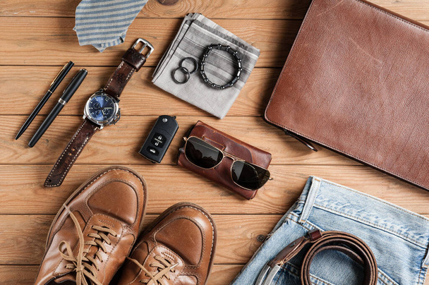 men's accessories outfit on old wood background - Photo, Image