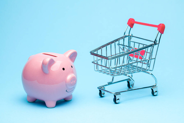 Pink piggy bank and shopping cart on a blue background - Fotografie, Obrázek