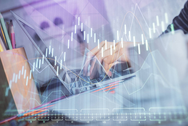 Double exposure of woman hands typing on computer and forex chart hologram drawing. Stock market invest concept. - Foto, Bild