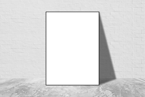 Black blank frame in white brick wall with concrete floor texture interior room background, Mockup template for your content or design. - Foto, afbeelding