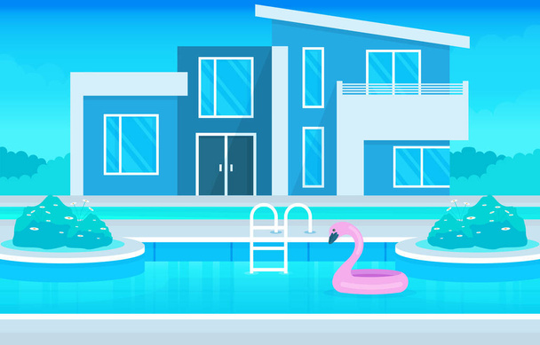Modern House Villa Exterior with Swimming Pool at Backyard Illustration - Διάνυσμα, εικόνα