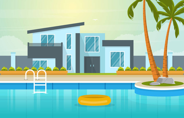 Modern House Villa Exterior with Swimming Pool at Backyard Illustration - Vector, Image