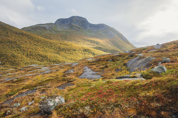 Norwegian mountain landscape during hiking to Halls Fortopp peak, with a view on Stetind, Northern Norway, Nordland county, municipality of Tysfjord, Ofoten, with fjord and lak - Fotoğraf, Görsel