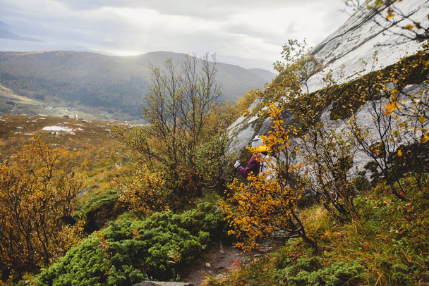 Paisaje montañoso noruego durante el senderismo hasta el pico Halls Fortopp, con vistas a Stetind, norte de Noruega, condado de Nordland, municipio de Tysfjord, Ofoten, con fiordo y lak
 - Foto, Imagen
