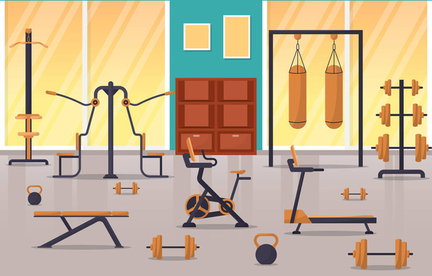 Gym Center Interior Sport Club Fitness Weight Bodybuilding Equipment Vector Illustration - Vector, Imagen