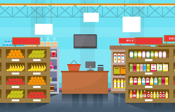 Supermarkt Lebensmittelregal Laden Einzelhandel Einkaufszentrum Innenraum Flache Illustration - Vektor, Bild