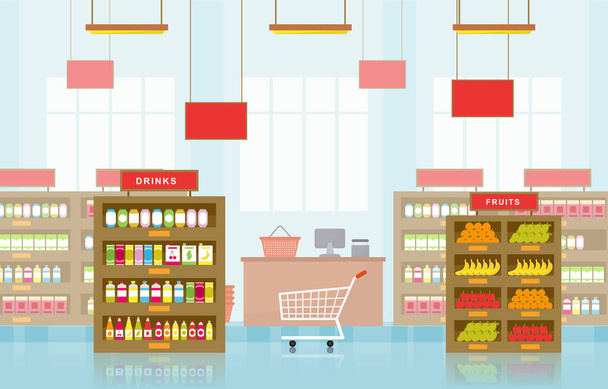 Supermarket Grocery Shelf Store Retail Shop Mall Interior Flat Illustration - Vector, Image