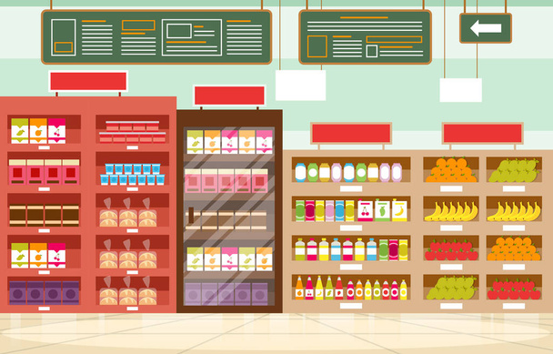 スーパーマーケット食料品店小売店モール内装フラットイラスト - ベクター画像