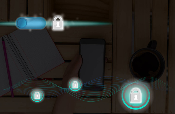 Grafika nejnovější digitální technologie Ochrana dat Padlock Security On The Virtual Display. Podnikatel se zámkem k zabezpečení. - Fotografie, Obrázek