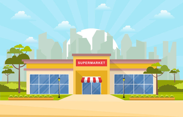 Supermarkt Kruidenierswinkel Retail Shop Mall City Building Flat Illustration - Vector, afbeelding