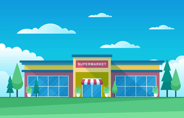 Supermercado mercearia loja varejo shopping center cidade construção plana ilustração
 - Vetor, Imagem