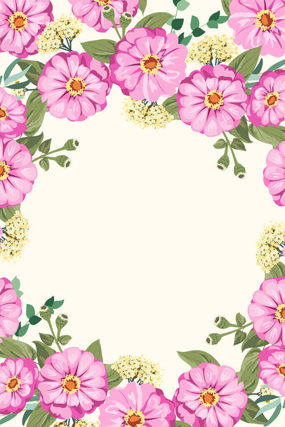 Floral round frame from cute zinnia flowers, silver eucalyptus branch, willow. Greeting card template. Design artwork for the poster, tee shirt, pillow, home decor. Summer flowers with green leaves. - Vecteur, image
