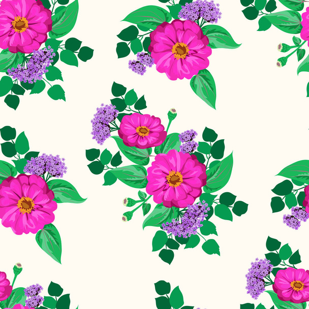 Seamless gorgeous bright pattern in small garden flowers of zinnia. Millefleur. Floral background for textile, wallpaper, covers, surface, print, gift wrap, scrapbooking, decoupage - Vetor, Imagem