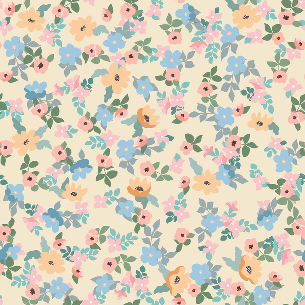 Small naive flowers seamless pattern. Chaotic order. Summer trendy floral background in liberty style. For textile, wallpaper, surface, print, gift wrap, scrapbooking, decoupage - Vector, Image