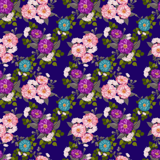 Seamless gorgeous bright pattern in small garden flowers of zinnia. Millefleur. Floral background for textile, wallpaper, covers, surface, print, gift wrap, scrapbooking, decoupage - Vector, imagen