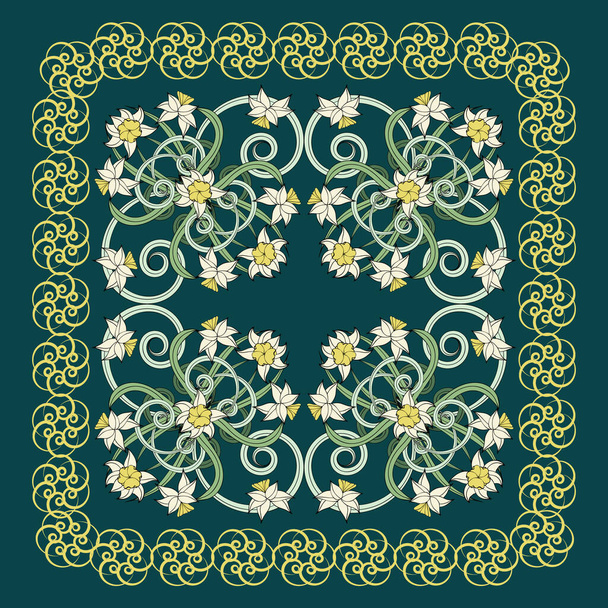 Square composition in small narcissus. Art nouveau style. Floral vintage enchanting background for scarf print, textile, covers, surface, scrapbooking, decoupage. Bandana, pareo, shawl design. - Vektor, Bild