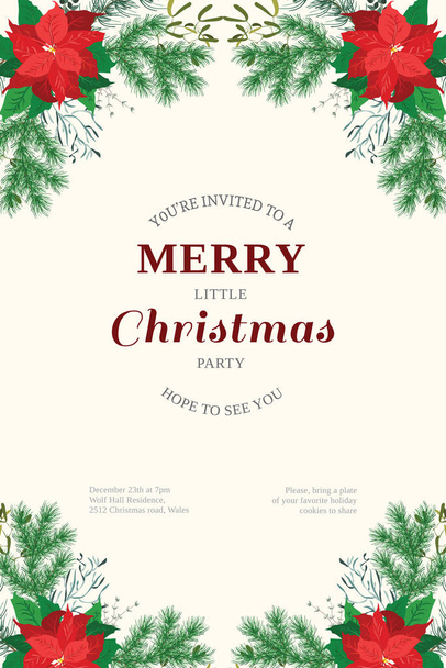 Floral vintage invitation card in poinsettia, Christmas tree twigs, herbs. Winter background. Greeting card template. Design artwork for the poster, wedding invitation. Place for text. - Vektor, kép