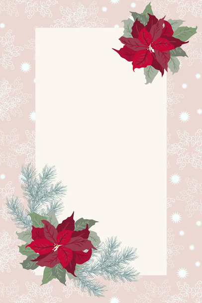 Floral vintage invitation card in poinsettia, Christmas tree twigs, herbs. Winter background. Greeting card template. Design artwork for the poster, wedding invitation. Place for text. - Vektor, Bild