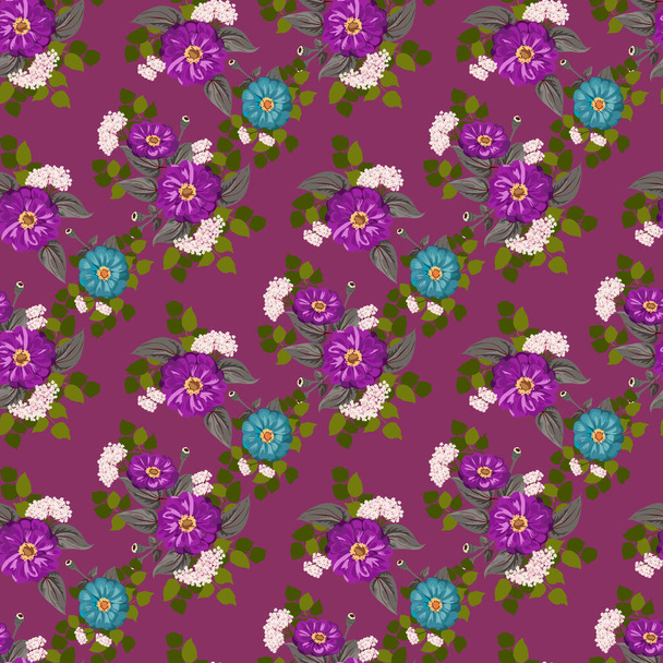 Seamless gorgeous bright pattern in small garden flowers of zinnia. Millefleur. Floral background for textile, wallpaper, covers, surface, print, gift wrap, scrapbooking, decoupage - Вектор, зображення