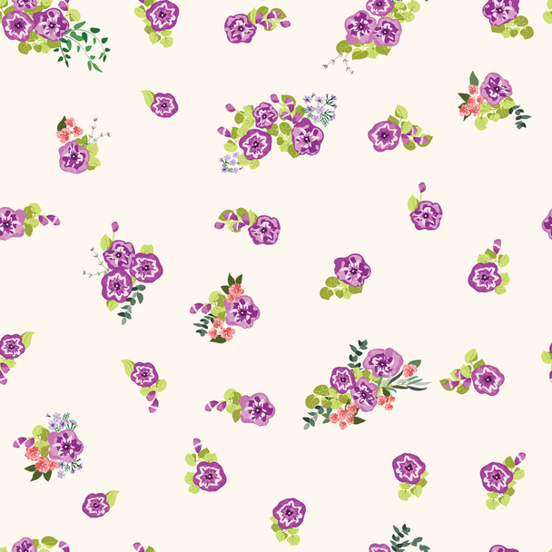 Delightful seamless border with small flowers of cute petunias. Regular order. Floral background for home textiles, interiors, linens. - Vektor, kép