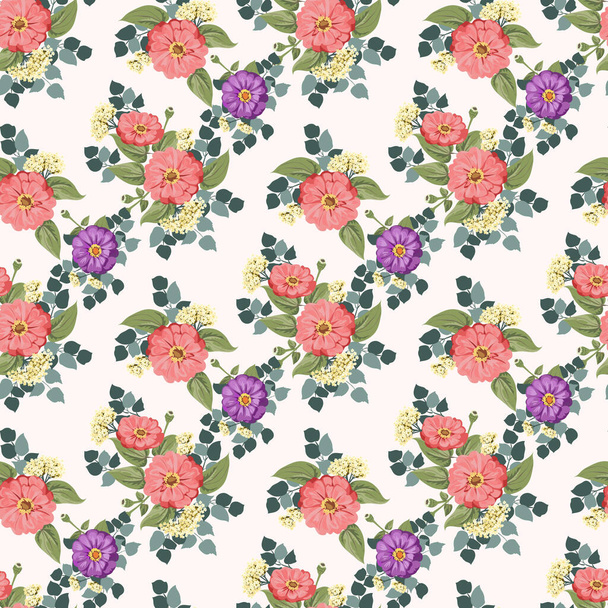 Seamless gorgeous bright pattern in small garden flowers of zinnia. Millefleur. Floral background for textile, wallpaper, covers, surface, print, gift wrap, scrapbooking, decoupage - Вектор, зображення