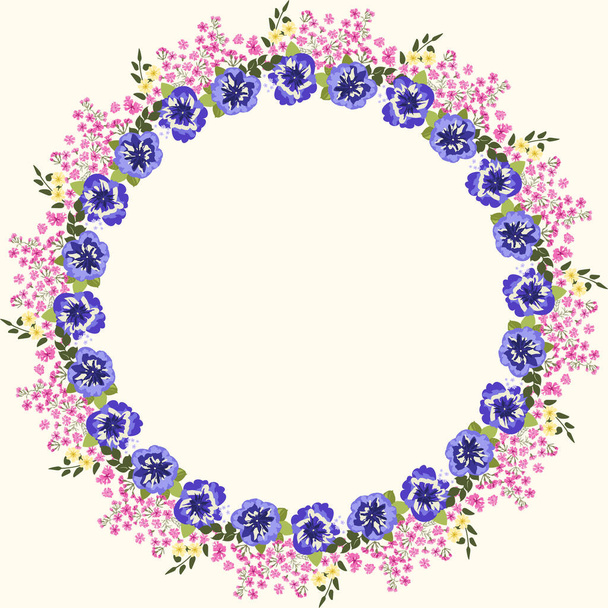 Delightful seamless border with small flowers of cute petunias. Regular order. Floral background for home textiles, interiors, linens. - Vector, afbeelding