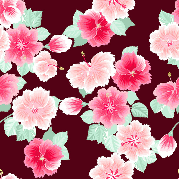 Seamless pretty pattern in small-scale cute hibiscus flowers. Floral background for textile, fabric manufacturing, wallpaper, covers, surface, print, gift wrap, scrapbooking, decoupage. - Vector, afbeelding