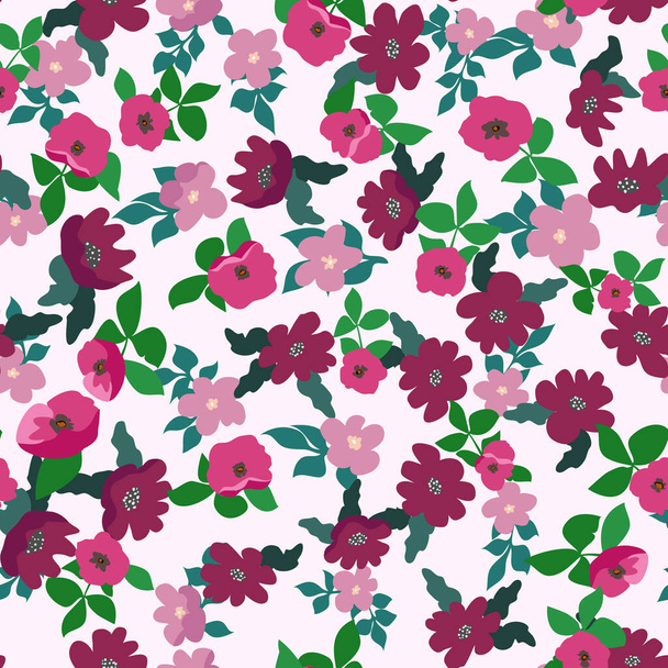 Small naive flowers seamless pattern. Chaotic order. Summer trendy floral background in liberty style. For textile, wallpaper, surface, print, gift wrap, scrapbooking, decoupage - Vector, imagen