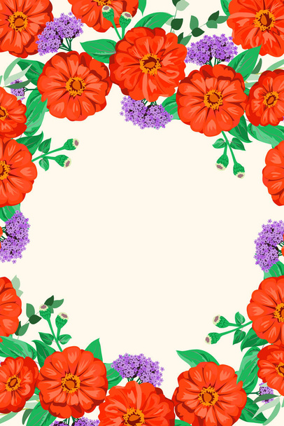 Floral round frame from cute zinnia flowers, silver eucalyptus branch, willow. Greeting card template. Design artwork for the poster, tee shirt, pillow, home decor. Summer flowers with green leaves. - ベクター画像