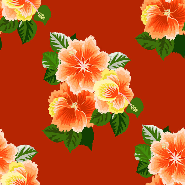 Seamless gorgeous pattern in tropical flowers of hibiscus. Floral exotic background for textile, wallpaper, pattern fills, covers, surface, print, gift wrap, scrapbooking, decoupage. - Vector, Imagen