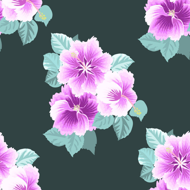 Seamless gorgeous pattern in tropical flowers of hibiscus. Floral exotic background for textile, wallpaper, pattern fills, covers, surface, print, gift wrap, scrapbooking, decoupage. - Vektor, obrázek