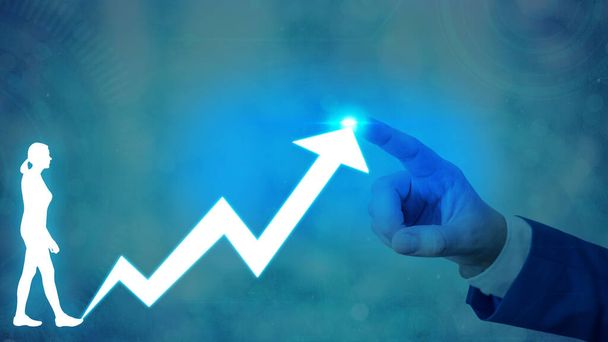 Man Smartphone Illustrating Ascending Trends Performance Bar Graph Increasing Annual Profits. Showing Upward Growth Escalating Movement Rising Financial Stock Chart Status Report. - Photo, Image