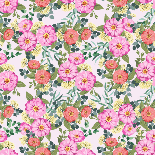 Seamless gorgeous bright pattern in small garden flowers of zinnia. Millefleur. Floral background for textile, wallpaper, covers, surface, print, gift wrap, scrapbooking, decoupage - Vector, Imagen