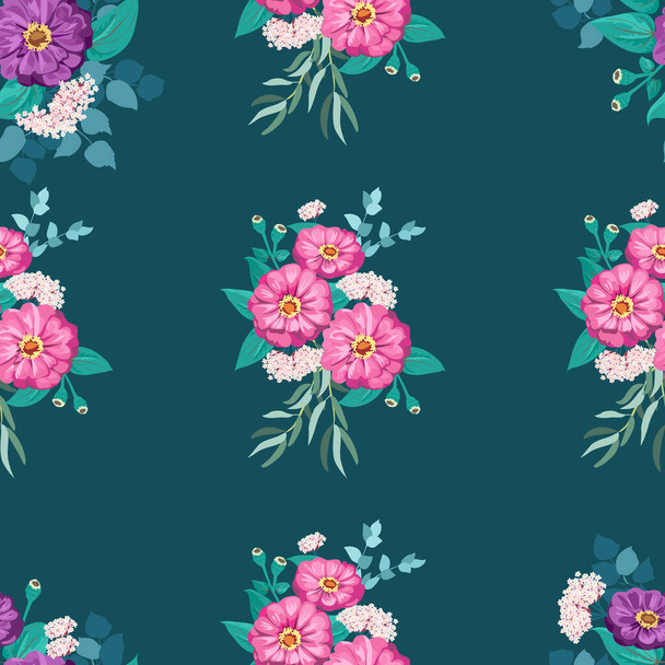 Seamless gorgeous bright pattern in small garden flowers of zinnia. Millefleur. Floral background for textile, wallpaper, covers, surface, print, gift wrap, scrapbooking, decoupage - Vector, Image