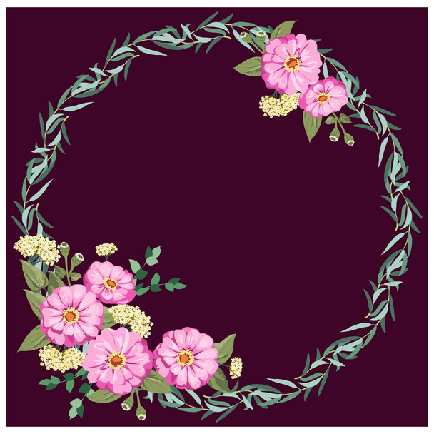 Floral round frame from cute zinnia flowers, silver eucalyptus branch, willow. Greeting card template. Design artwork for the poster, tee shirt, pillow, home decor. Summer flowers with green leaves. - Вектор, зображення