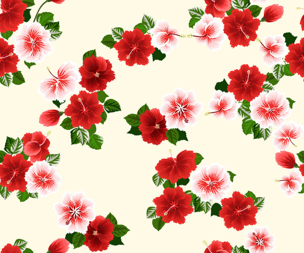 Seamless gorgeous pattern in tropical flowers of hibiscus. Floral exotic background for textile, wallpaper, pattern fills, covers, surface, print, gift wrap, scrapbooking, decoupage. - Вектор, зображення