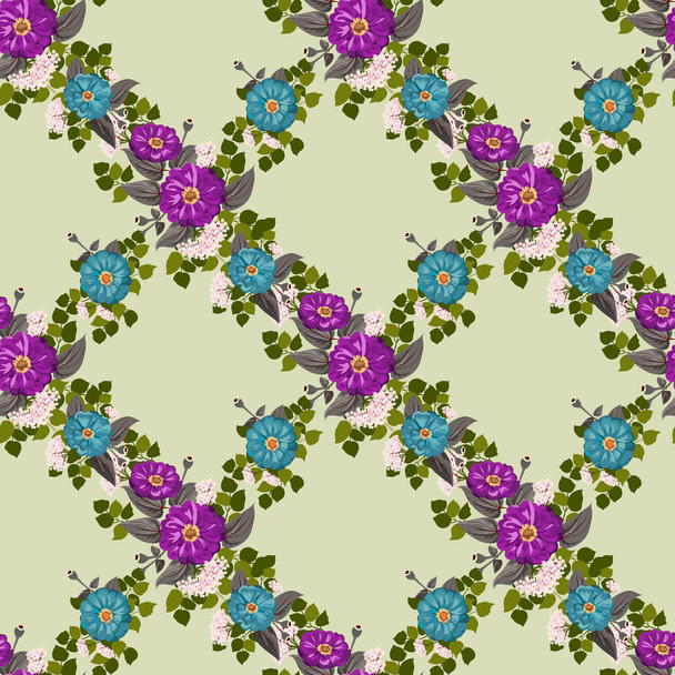Seamless gorgeous bright pattern in small garden flowers of zinnia. Millefleur. Floral background for textile, wallpaper, covers, surface, print, gift wrap, scrapbooking, decoupage - Vecteur, image