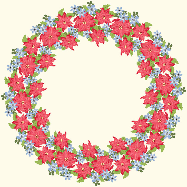 Floral round frame from cute folk flowers. Vector greeting card template. Design artwork for the poster, tee shirt, pillow, home decor. Summer wild flowers wreath. - Wektor, obraz