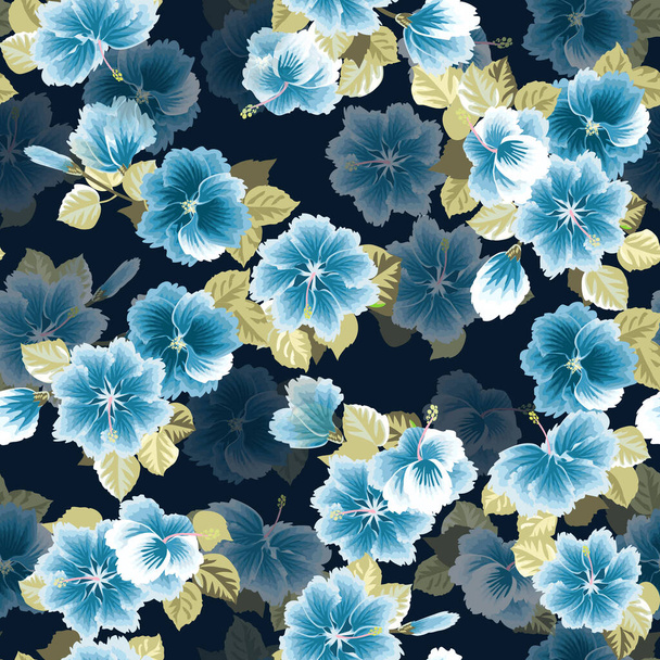 Seamless gorgeous pattern in tropical flowers of hibiscus. Floral exotic background for textile, wallpaper, pattern fills, covers, surface, print, gift wrap, scrapbooking, decoupage. - Vektor, Bild