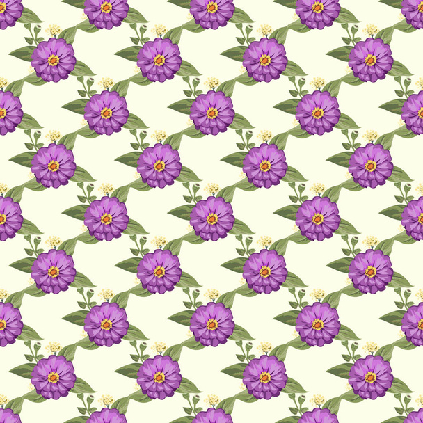 Seamless gorgeous bright pattern in small garden flowers of zinnia. Millefleur. Floral background for textile, wallpaper, covers, surface, print, gift wrap, scrapbooking, decoupage - Διάνυσμα, εικόνα