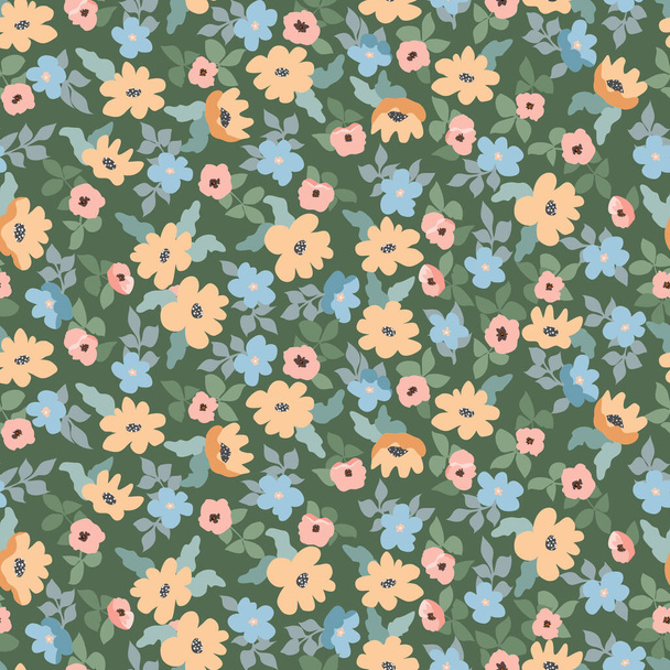 Small naive flowers seamless pattern. Chaotic order. Summer trendy floral background in liberty style. For textile, wallpaper, surface, print, gift wrap, scrapbooking, decoupage - Vektor, obrázek