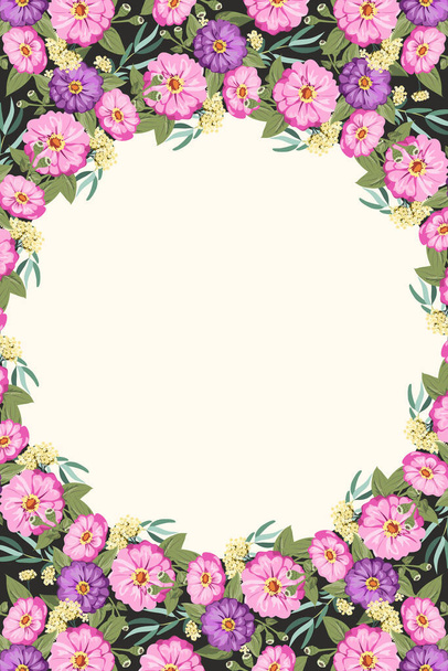 Floral round frame from cute zinnia flowers, silver eucalyptus branch, willow. Greeting card template. Design artwork for the poster, tee shirt, pillow, home decor. Summer flowers with green leaves. - Vetor, Imagem